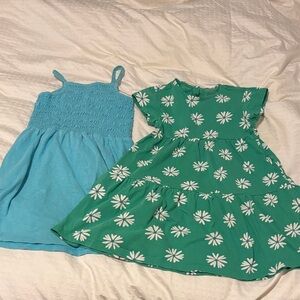 Primary Turquoise smocked tank Dress & Green Daisy tiered Dress size 6/7